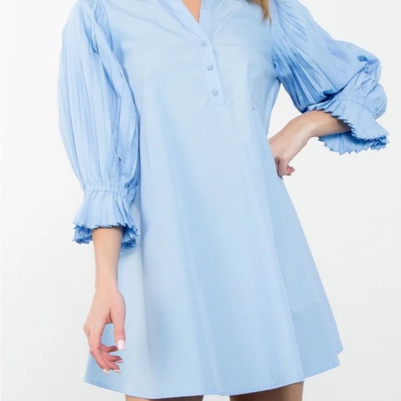 THML Dresses & Skirts - THML Mini Swing Dress Small Icy Baby Blue Poplin Pleated 3/4 Sleeve A Line NWOT